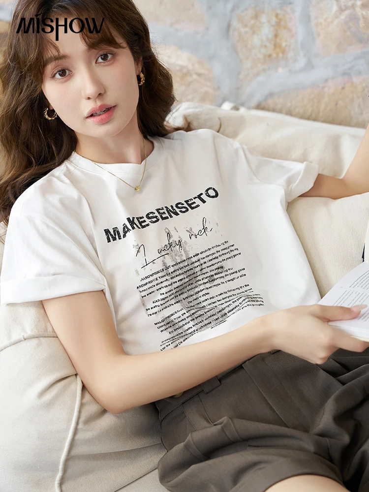 

MISHOW Letter PrintingT-shirt for Women 2023 Autumn Korean 100 Cotton Loose O-Neck Tees Casual Female Streetwear Tops MXC41T0136