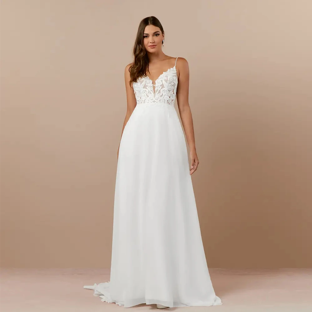 

Simple Satin Ivory Wedding Dresses for Women 2024 Spaghetti Straps New Sleeveless Bridal Gowns with Lace Jersey Vestido De Novia