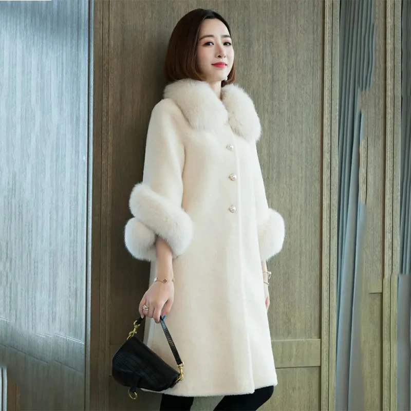 

Autumn Winter Imitation Sheep Shearing Jacket Women Overcoat Long Fox Fur Collar Warm Parker Coat Loose Particle Wool Fur Coats