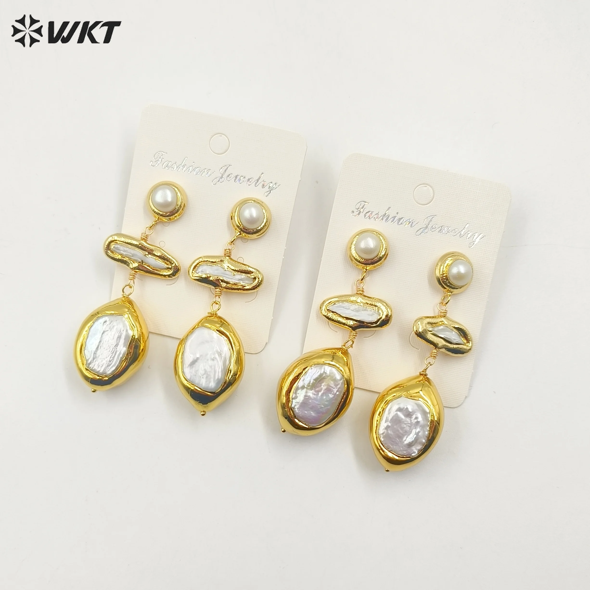 

WT-MPE125 WKT Gorgeous Fashion 18K Real Gold Plated Triple Natural Freshwater Pearl Assemble Women Wedding Earrings 5 Pairs