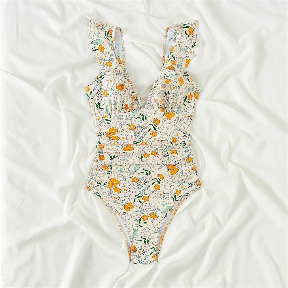 Chic Floral Bikini Ruffles Swimsuit High Waist Pleated Drawstring