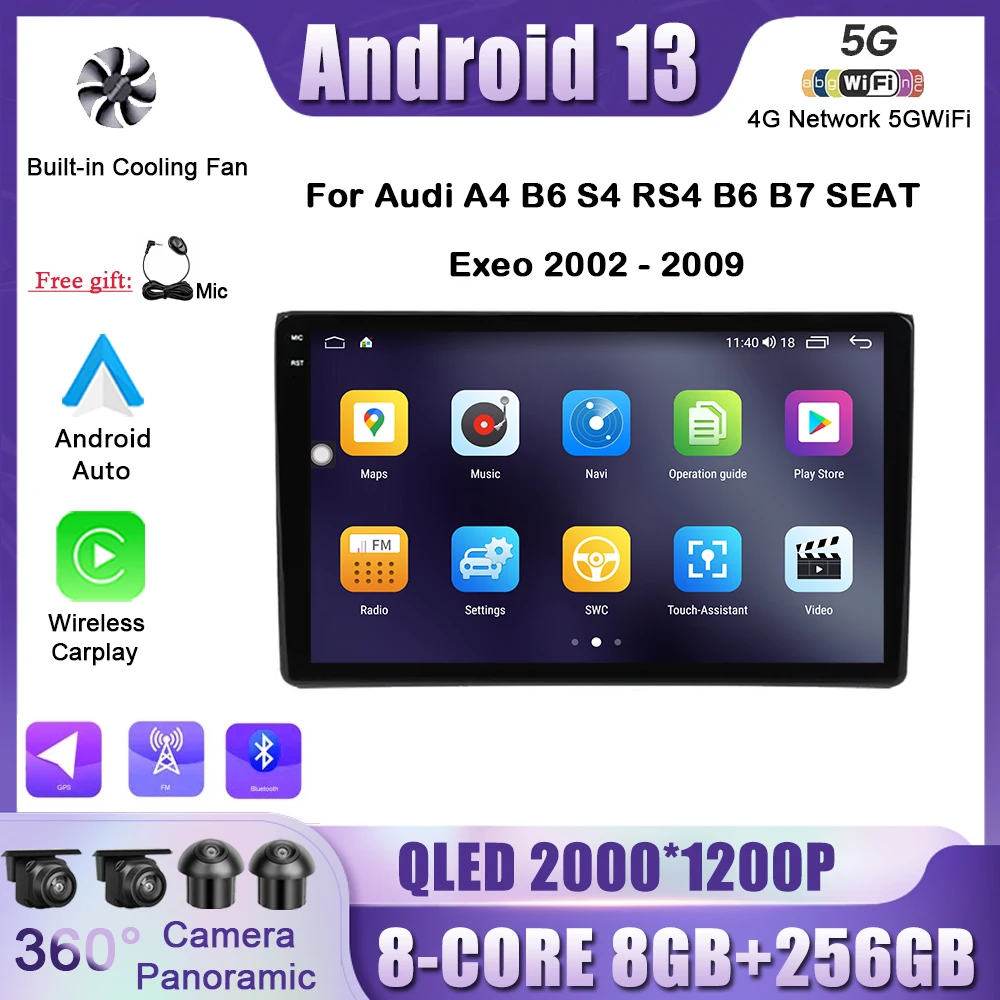

Car Radio Android 13 for Audi A4 II 2 B6 III 3 B7 2000-2009 S4 2002-2008 RS4 2005-2009 2Din Multimedia 4G Carplay Stereo WIFI BT