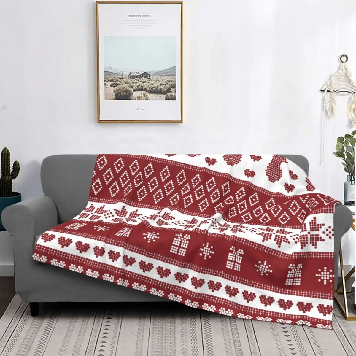

Red Winter Nordic Snowflake Deer Christmas Pattern Blanket Flannel All Season Portable Soft Blanket Sofa Outdoor Rug Piece