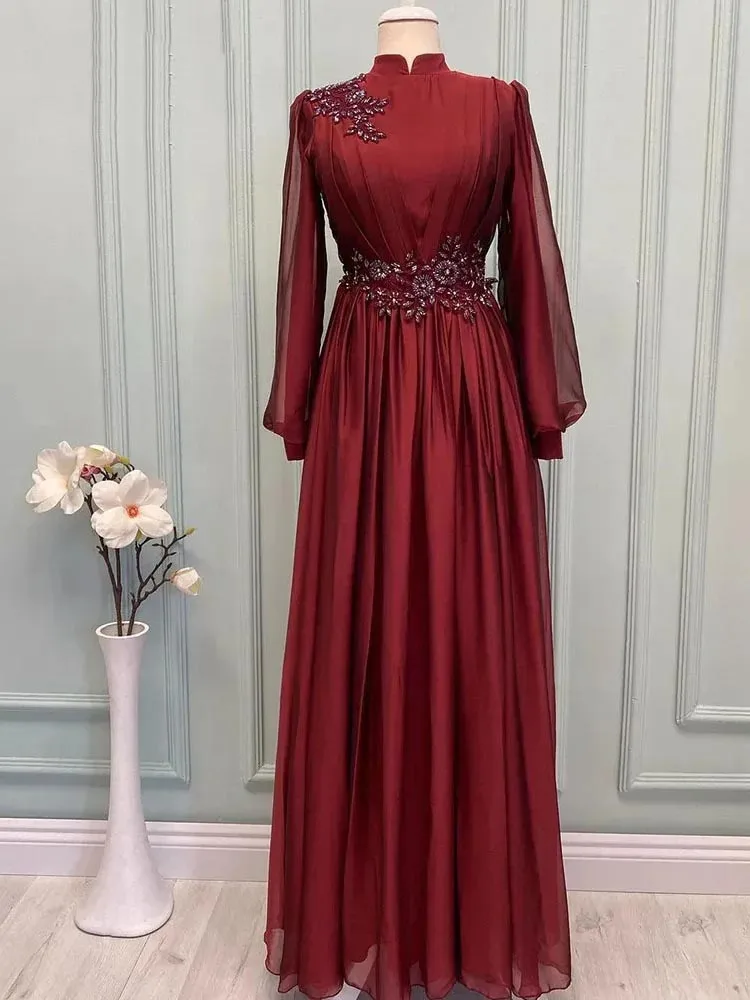 

Burgundy Muslim Full Sleeve Appliques Long Wedding Guest Evening Cocktail Prom Homecoming Dresses for Bride Special Occasion