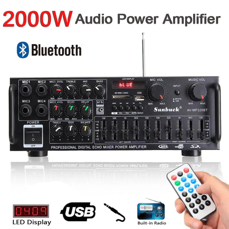 

12V to 220V Audio Power Amplifier 2000W Bluetooth HiFi Amp Speaker with Remote Control for Car Home Square Dancing 2.0 Channel
