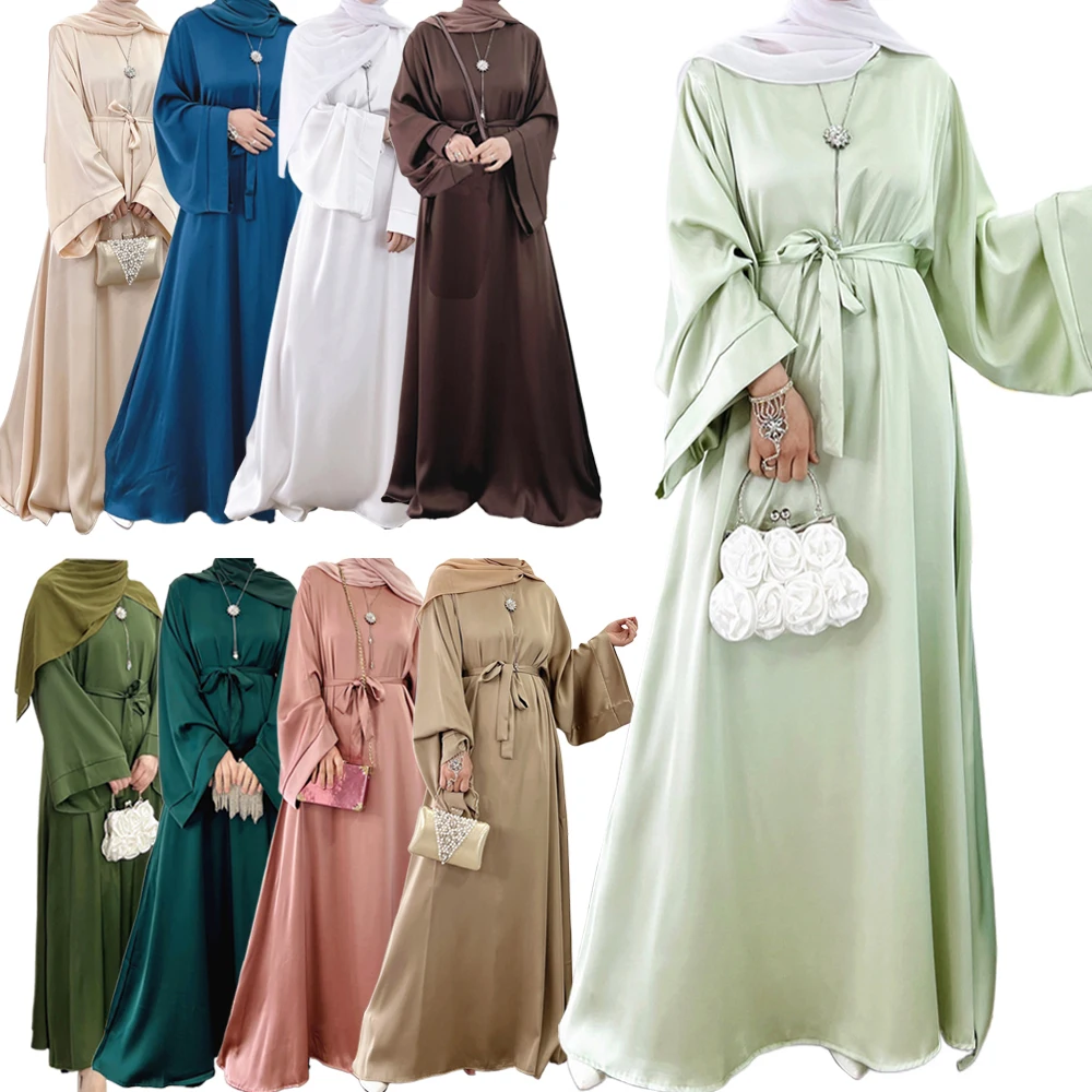 

Ramadan Satin Abaya Muslim Long Dress Women Elegant Solid Color Modest Hijab Robe Islam Dubai Turkish African Dresses Belted