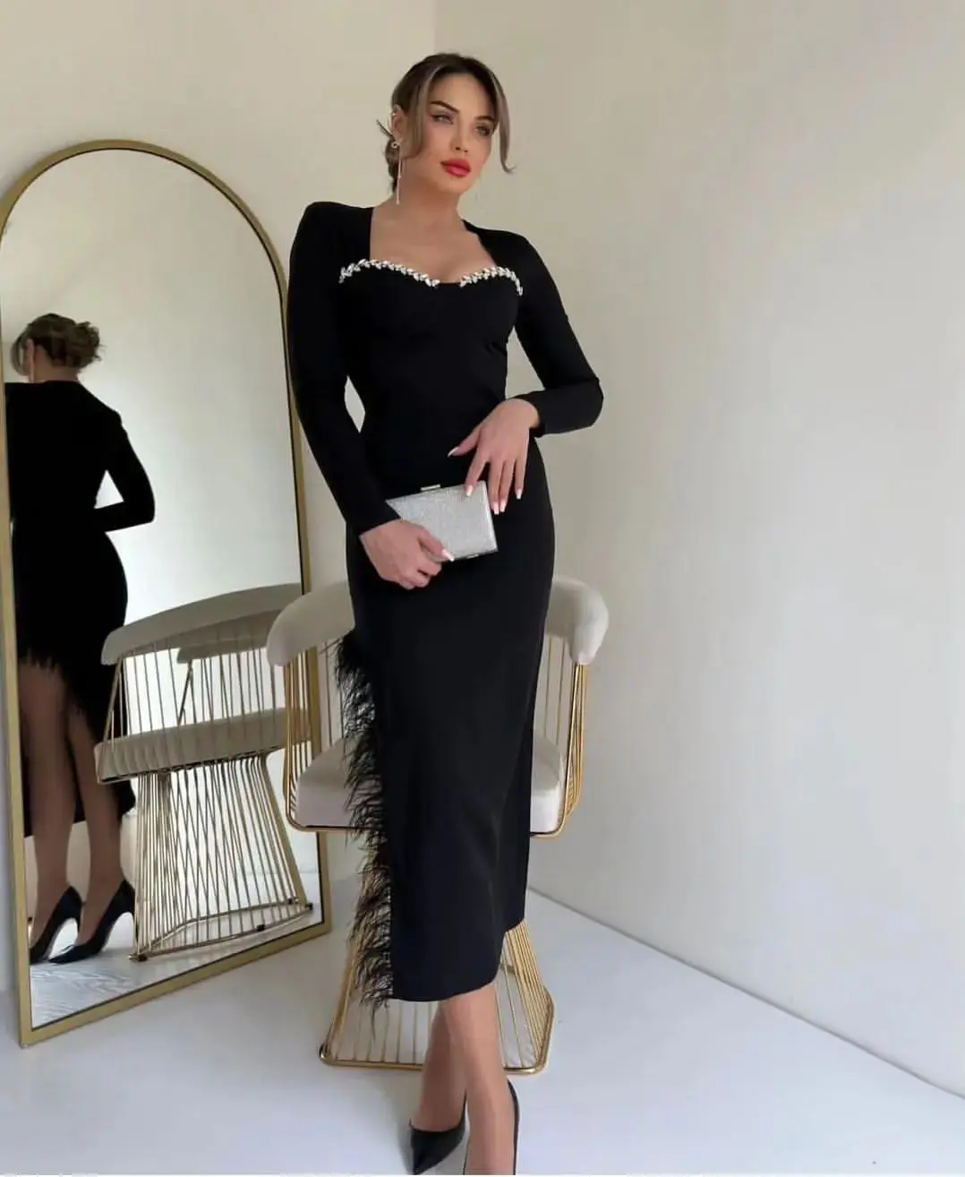 

Mermaid Black Satin Feathers Prom Dresses Long Sleeves Ankle Length Saudi Arabia Women's Formal Occasion Dress Evening Dress