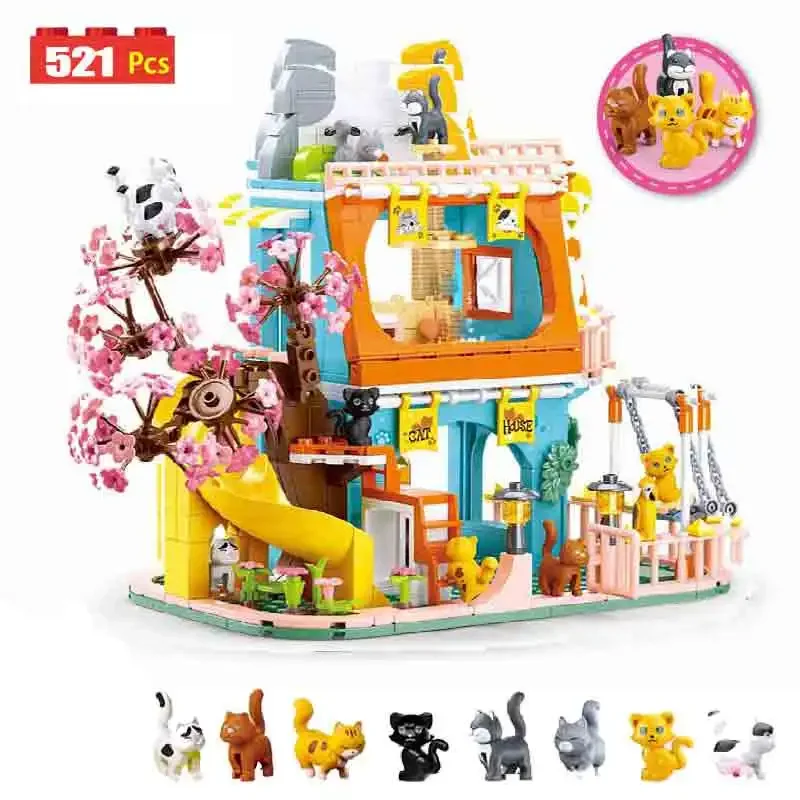 

City Cat Hotel Sets Girl A-Frame Pet House Apartment Garden Villa Sakura Tree Building Blocks Friends Animal Toy Kid Gifts