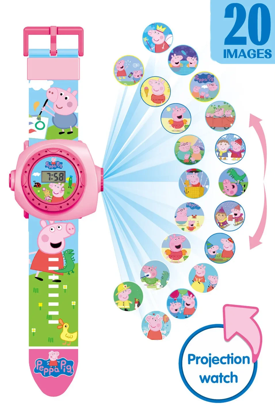 

New Arrival Peppa Pig Cartoon 3D Projection Watch Girl Anime Cute Electronic Watch Action Doll Toy Children's Birthday Gift