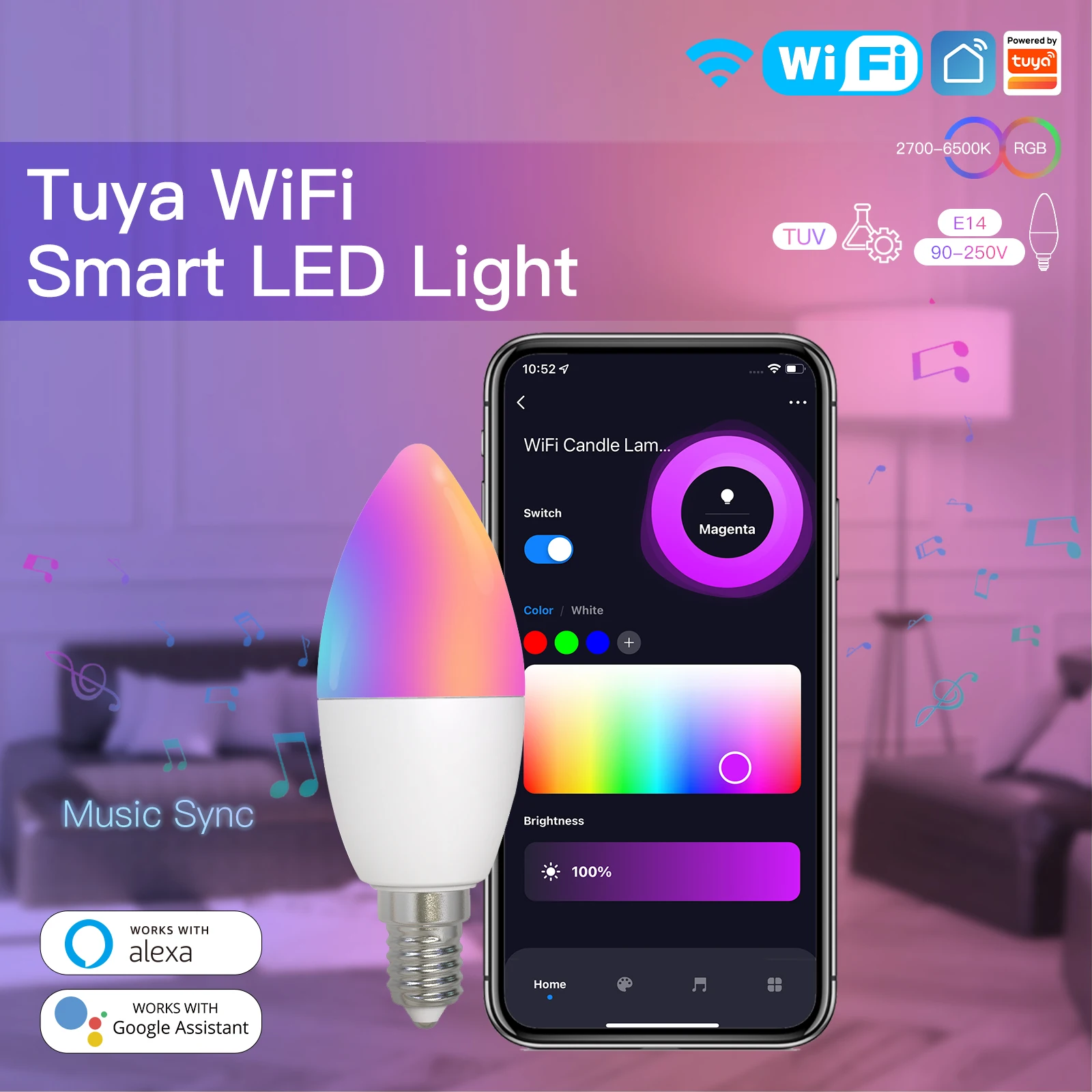 

Moes WiFi Smart LEDLight Bulb E14 Candle Lamp 16Million RGBCCT 2700-6500K Dimmable Candelabra Light Tuya Alexa Google 90-250V 6W