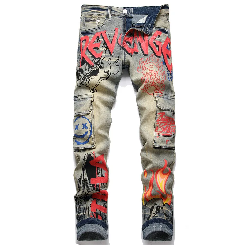 Fashion Brand Punk Retro Blue Multi-Pocket Jeans Slim Stretch Ripped Printed Trousers Straight Men's Motorcycle Clothing
Fashion Brand Punk Retro Blue Multi-Pocket Jeans Slim Stretch Ripped Printed Trousers Straight Men's Motorcycle Clothing