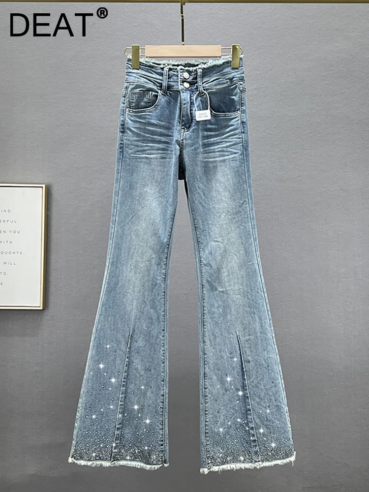 

DEAT Women's Jeans High Waist Slim Solid Color Rhinestone Burrs Spliced Denim Blue Flare Pants 2024 Spring New Fashion 29L2762