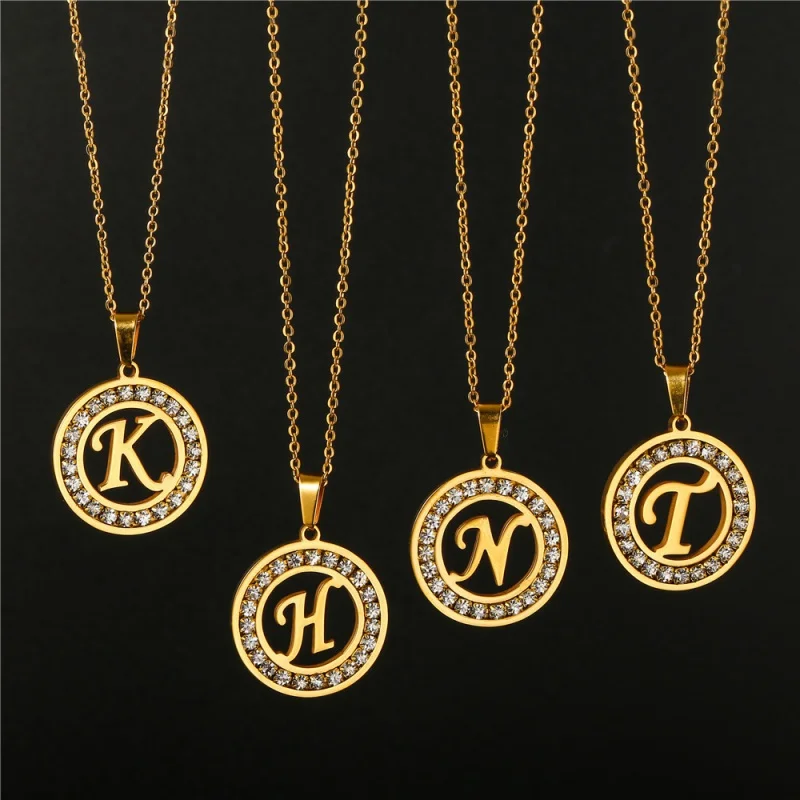 New Simple Gold Stainless Steel round Diamond English Letter Necklace Pendant
New Simple Gold Stainless Steel round Diamond English Letter Necklace Pendant