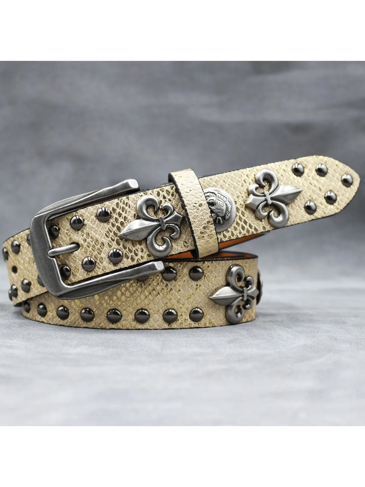Y2K leather rivet belt for women with golden cross studs