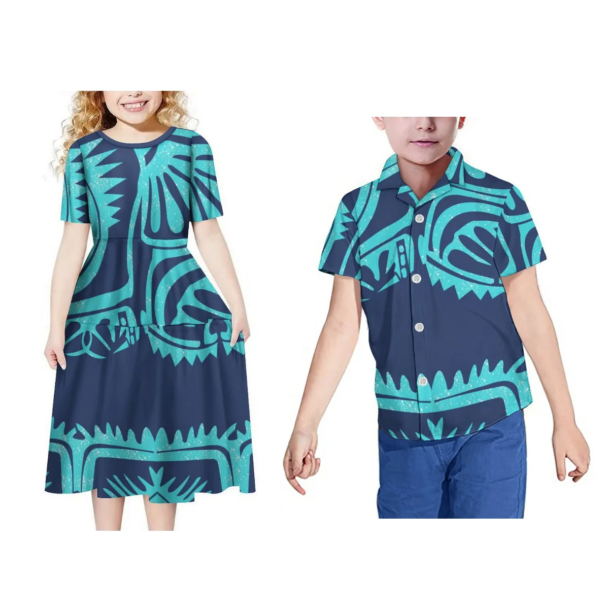 

Samoan Tribal Print Children'S Suit Matching Polynesian Islands Children'S Shirt Hawaii Kids Dress O-Neck Short Sleeve