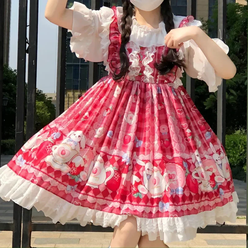 Japanese Kawaii Lolita Cosplay Soft Sister Dress Cute Rabbit Strawberry Sleeveless JSK Dress Ruffles Bow Princess Tutu Dress
Japanese Kawaii Lolita Cosplay Soft Sister Dress Cute Rabbit Strawberry Sleeveless JSK Dress Ruffles Bow Princess Tutu Dress