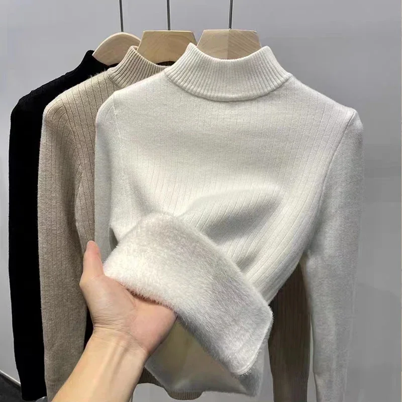 

New Winter Thicken Sweater Women Half Turtleneck Pullover Casual Soft Female Jumpers Fashion Long Sleeve Bottoming Tops 29028