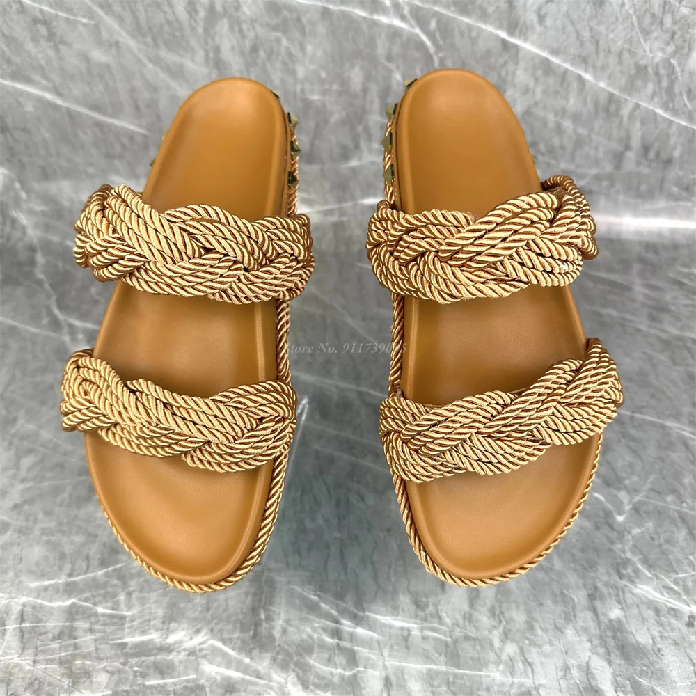 

2023 New Khaki Wove Rivets Flat Sandals Women Fashionable Hook Loop Opening and Closing Female Slippers Shoes Big Size Summer