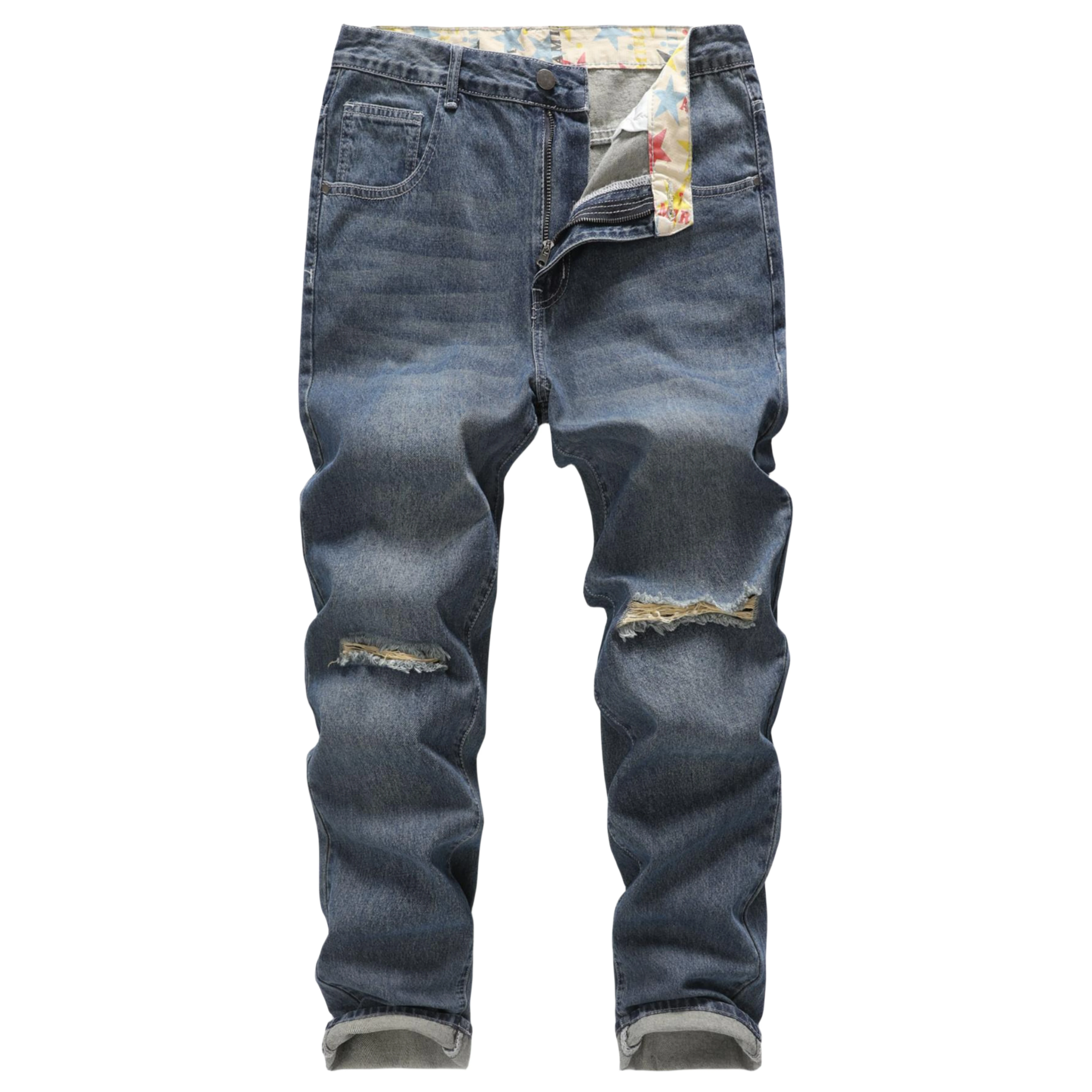 

Men's Straight Non-stretch Cotton Casual Fashion Denim Pants Ripped Frayed Bleach Wash Jeans with Color Block