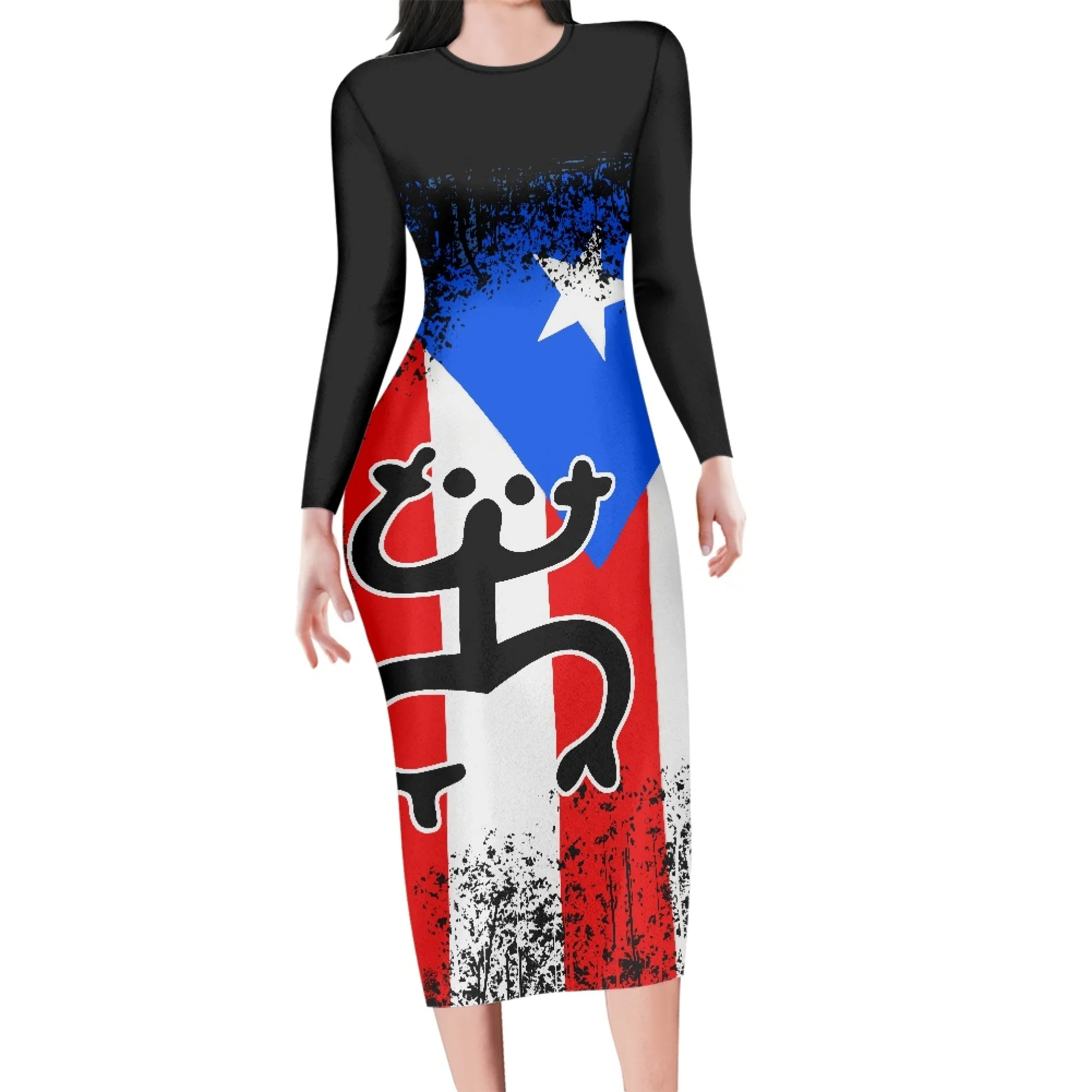 

Polynesian Fashion Form-Fitting National Flag Pattern Long Skirt Ladies Round Neck Long Sleeve Sexy Holiday Evening Gown