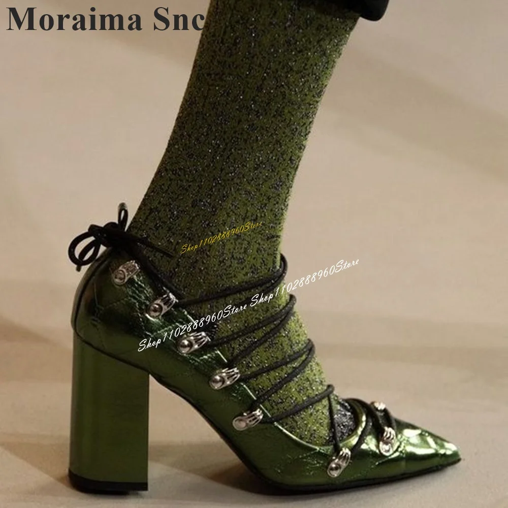 

Runway Cross Tied Green Checkered Pumps Chunky High Heel Shoes For Women Lace Up Pointed Toe 2024 Fashion Zapatos Para Mujere