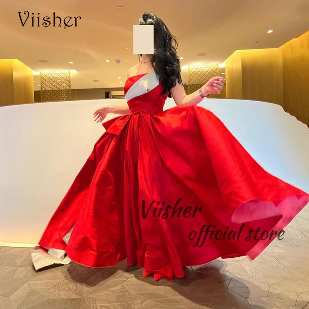 

Viisher Red Satin A Line Evening Prom Dresses for Women Pleats Strapless Arabian Dubai Formal Occasion Dress Floor Length