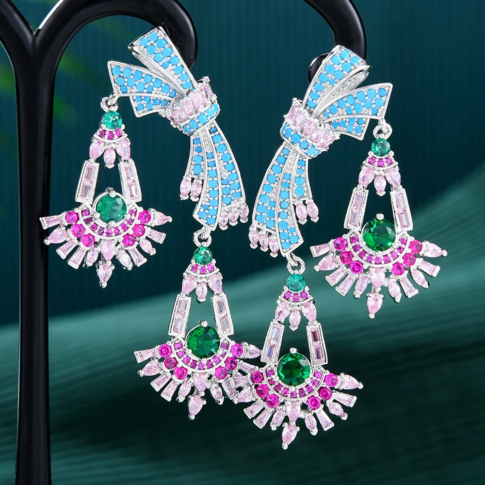 

Kellybola Luxury Charm Bow 2 Dangle Earrings for Women Bridal Wedding Multicolor CZ Bijoux High Quality Brand Gorgeous Trendy