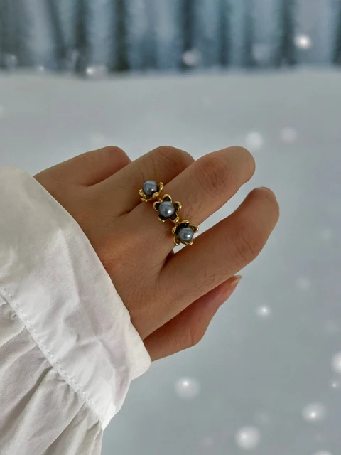 Peri'sbox-Bague Ouverte en Acier Inoxydable Plaqué Or pour Femme, Anneau Ajustable, Perle et Fleur, Cadeau Bijoux Carillon, Doux et Mignon, 216.239. 2