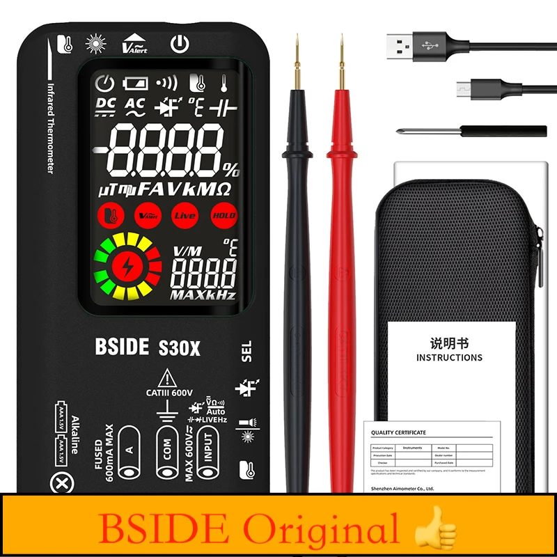 BSIDE S30X Digital Multimeter Infrared Thermometer 9999 Counts True RMS Voltage Capacitance Resistance Frequency Diode Tester
BSIDE S30X Digital Multimeter Infrared Thermometer 9999 Counts True RMS Voltage Capacitance Resistance Frequency Diode Tester