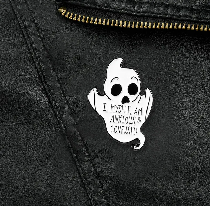 

Cute Ghost Baby Enamel Pin Custom Brooches for Shirt Lapel Bag ANXIOUS CONFUSED Badge Halloween Jewelry Gift for Friends