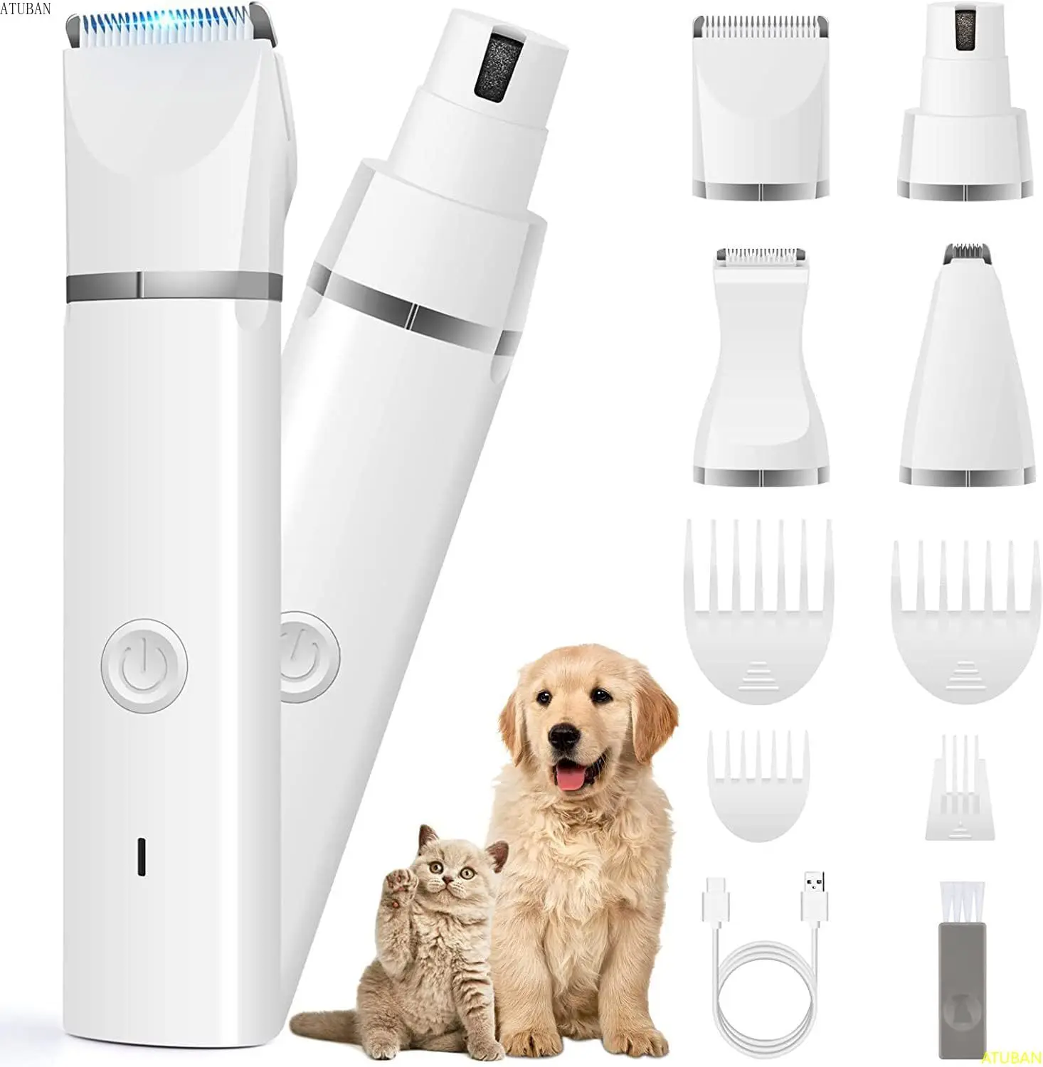 

ATUBAN Dog Clippers Grooming Kit Hair Clipper-Low Noise Paw Trimmer-Cordless Quiet Nail Grinder Shaver for Cats and Other Pets