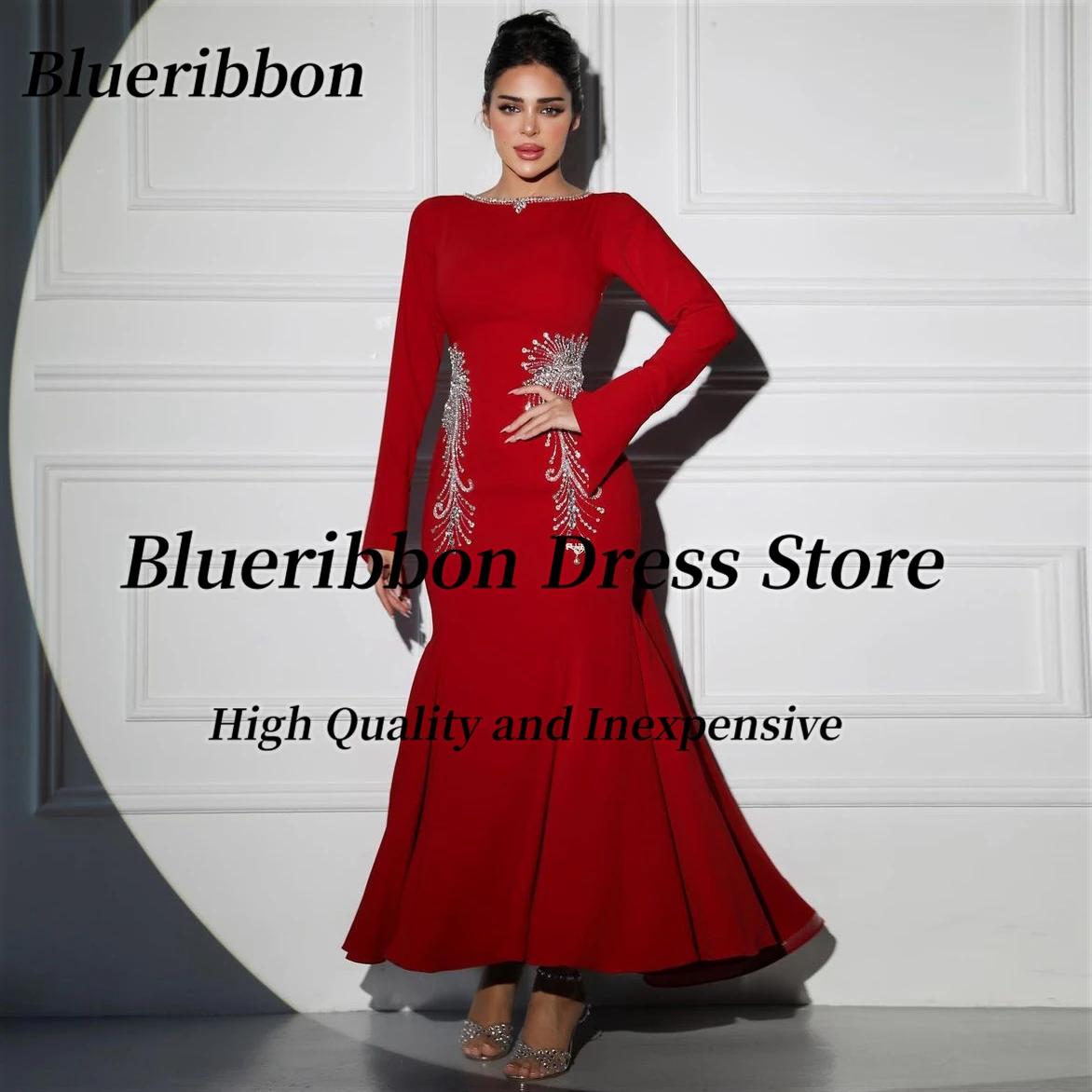 

Женское вечернее платье с открытой спиной Blueribbon, красное платье до щиколотки с бисером и длинными рукавами для выпускного вечера