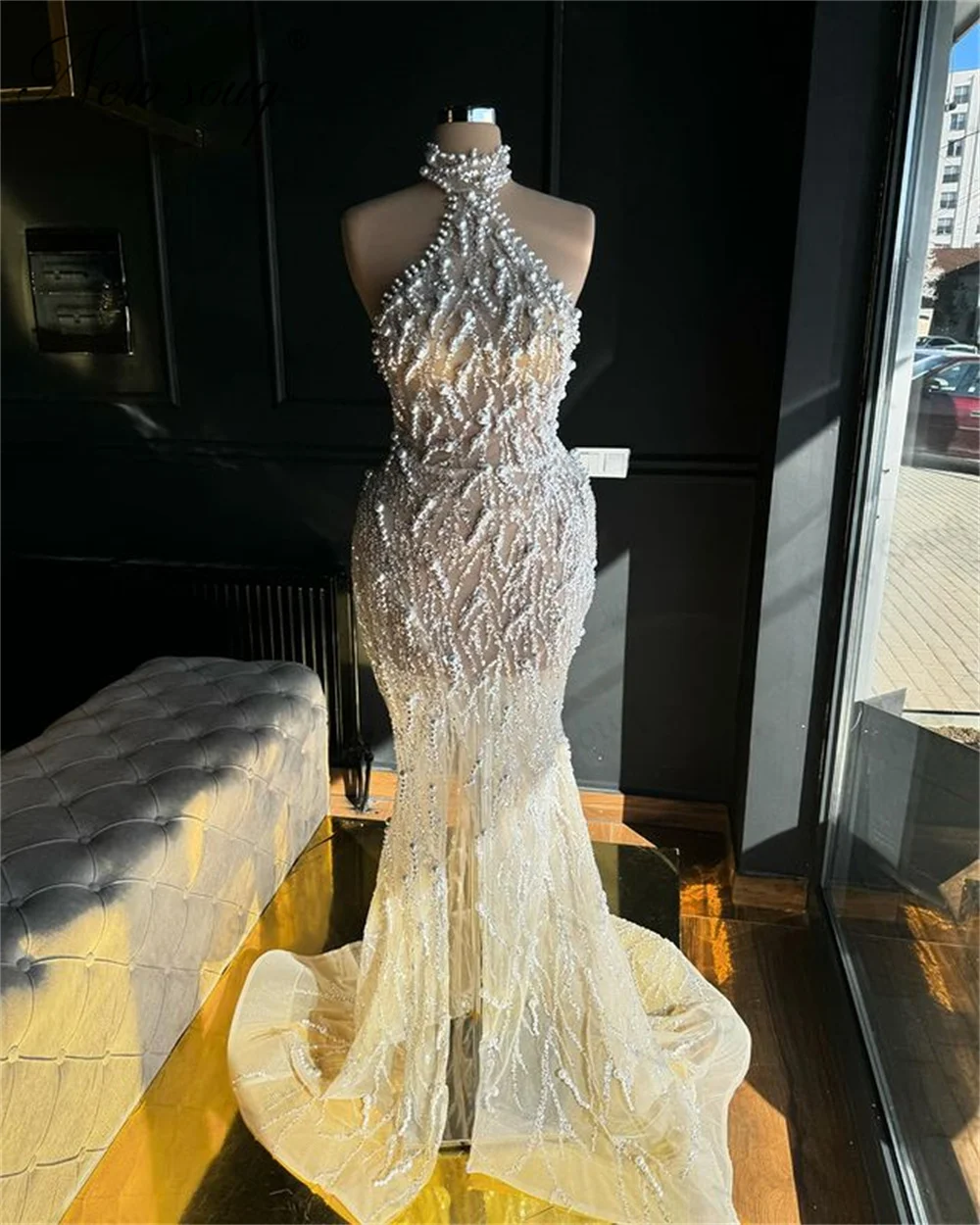 

New Elegant Pearls Evening Gowns Halter Cocktail Dress For Women Arabic Dubai 2024 Mermaid Long Engagement Party Dress Vestidos