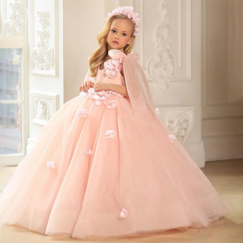 

Blush Flower Girl Dresses Appliques Sleeveless Fluffy Kids Little Girl Princess Wedding Birthday Party First Communion Holiday