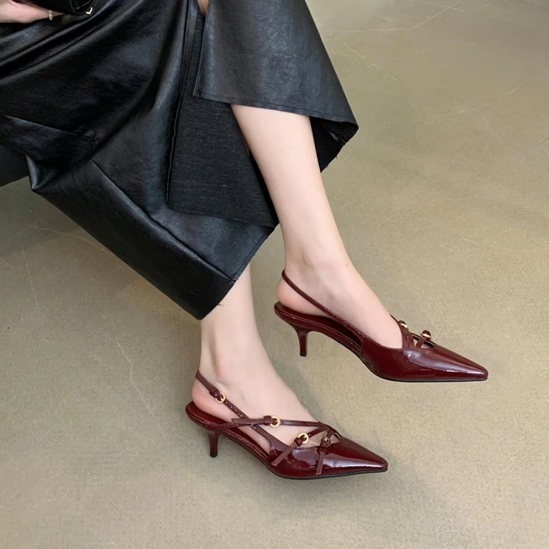 

Brown High Heels Women Pointed Toe Slingback Shoes Low Heeled Belt Buckle Ladies Pumps Sexy Stiletto Summer Shoes Zapatos Mujer