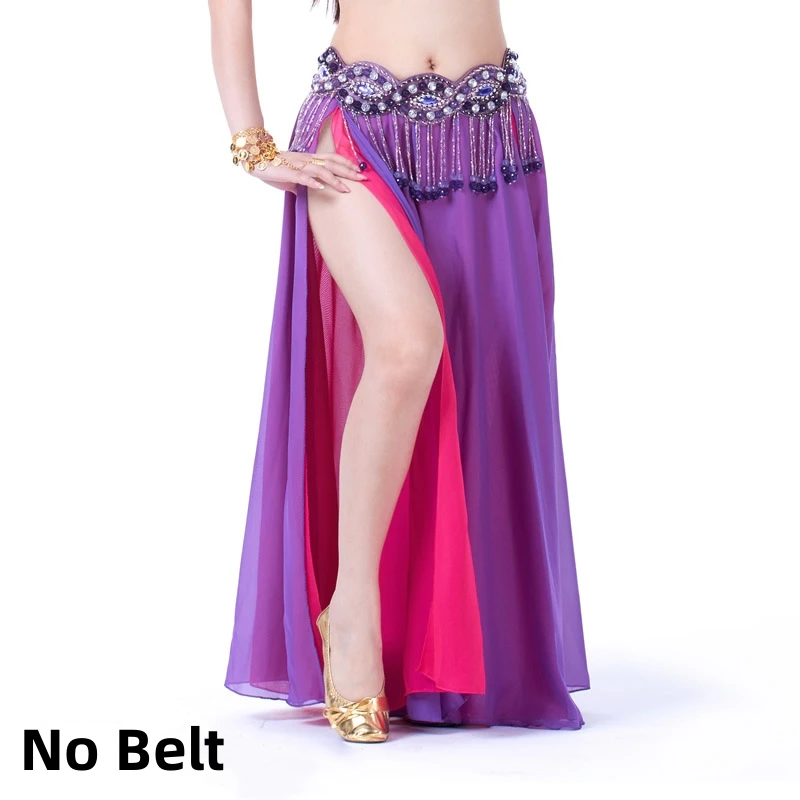 

Женский костюм для танца живота, шифоновая юбка с разрезами и разрезом, костюм для танца живота двойного цвета, танцевальный костюм