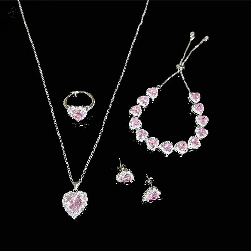 

Honey Peach Powder Love Heart Design Jewel 4 Pieces Sets Necklace Open Ring Bracelet Earring Studs Copper Inlaid Pink Zircon