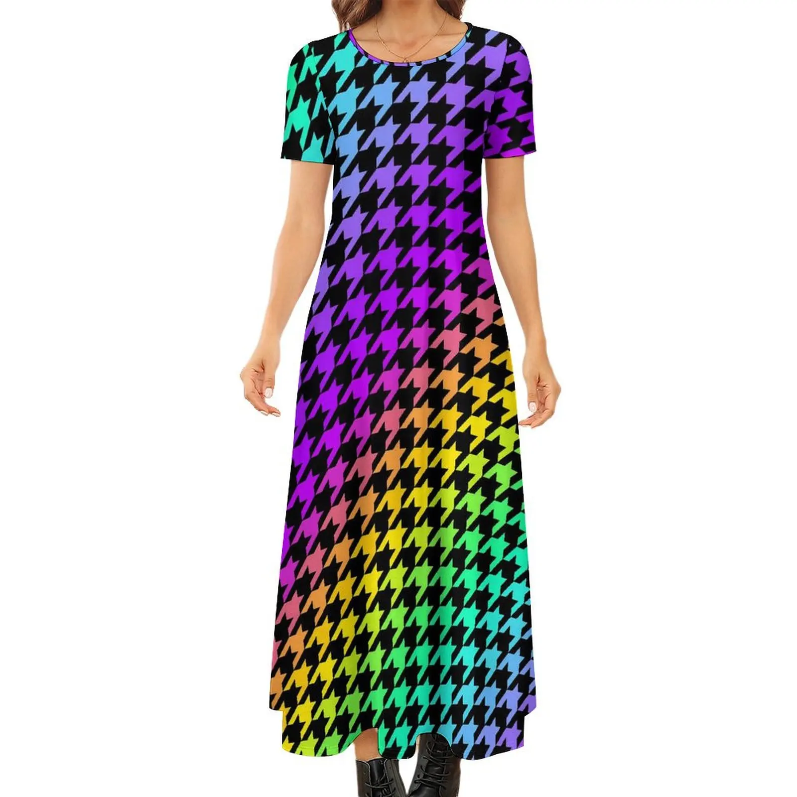 

Houndstooth Plaid Dress Geometric Print Maxi Dress Short Sleeve Street Fashion Boho Beach Long Dresses Female Oversize Vestidos