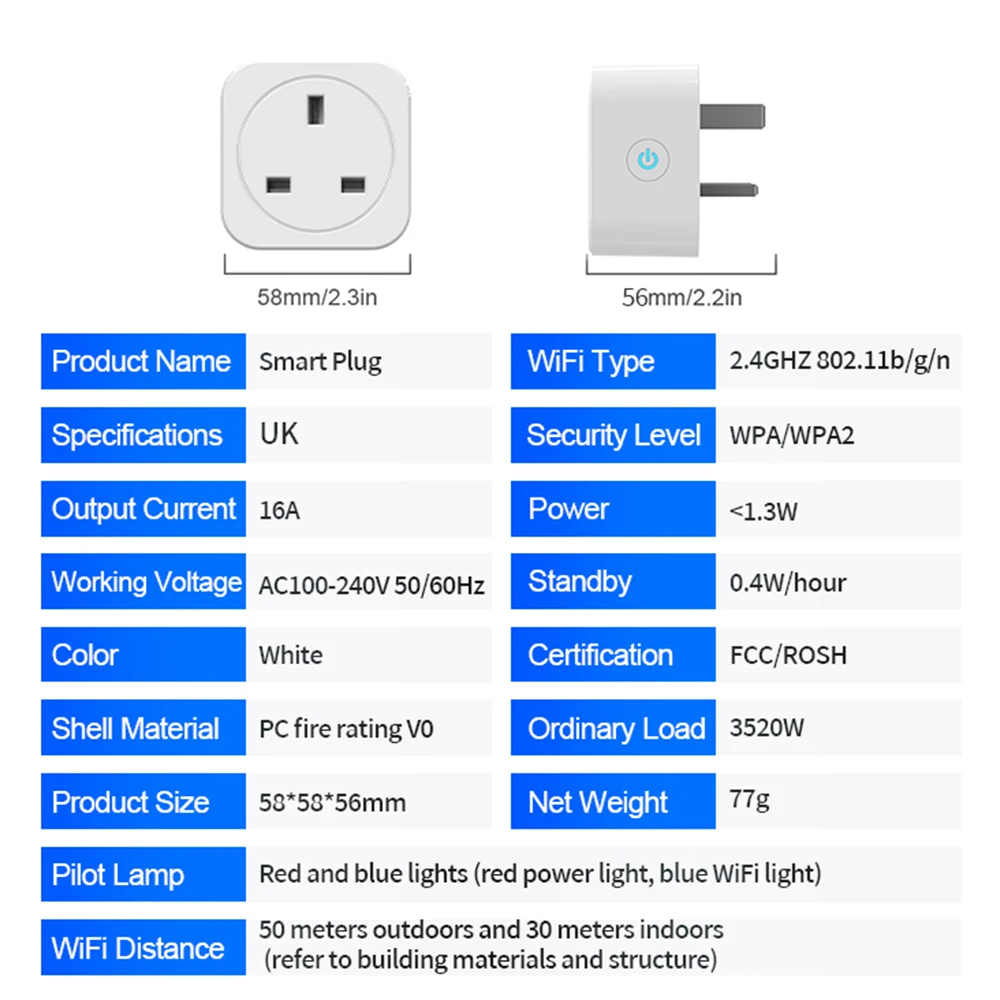 Tuya UK Smart Plug WiFi Socket 16A 20A front view