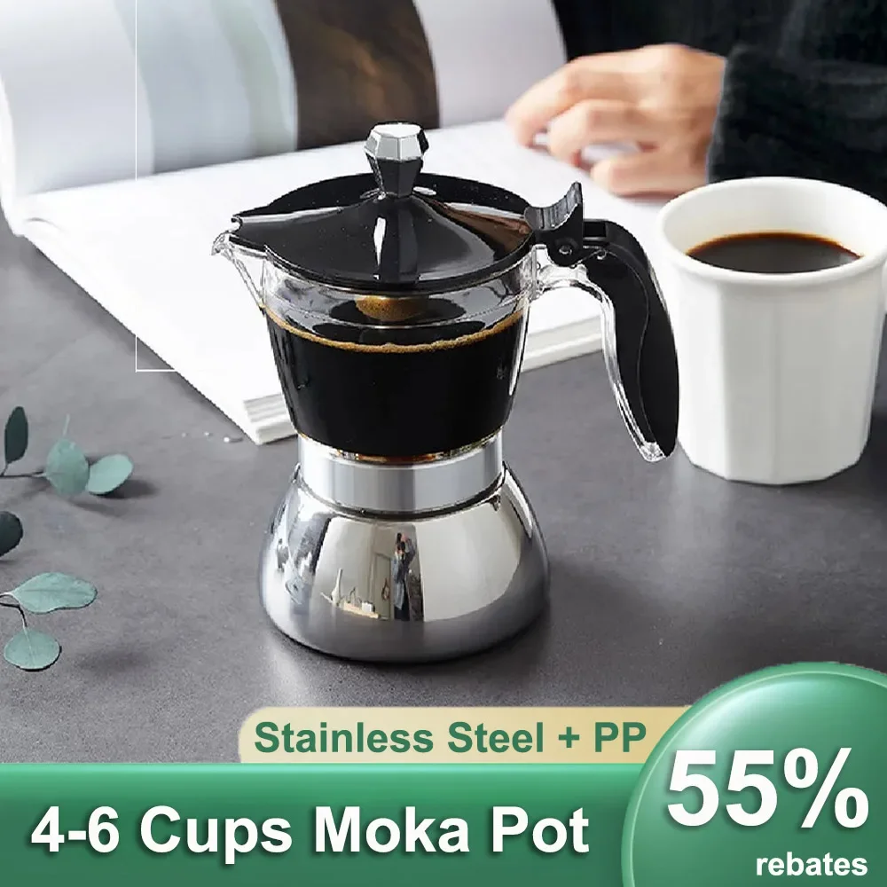 4-6 Cups Moka Pot Stainless Steel Coffee Pot Quickly Make Espresso Italian Coffee Machine Home Brewing Kettle for Electric Stove
4-6 Cups Moka Pot Stainless Steel Coffee Pot Quickly Make Espresso Italian Coffee Machine Home Brewing Kettle for Electric Stove