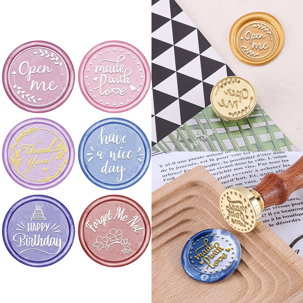 

6pcs Wax Seal Stamp Heads Set Open Me Have A Nice Day Wishes with Wreath Sealing Stamps for DIY Envelopes Invitation Paper Craft