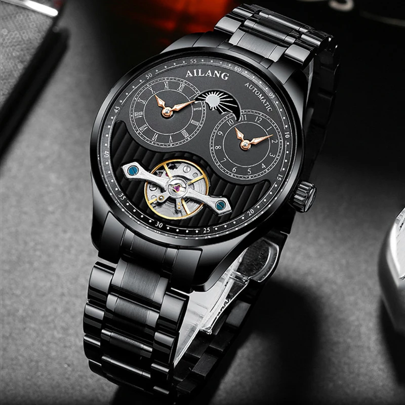 

AILANG Casual Fashion Men Tourbillon Mechanical Watch Black All-Steel Strap Fully Automatic Clock Luxury Men Watch Reloj 8607