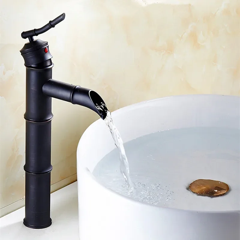 

Basin Faucets Black Bronze Waterfall Faucet Bamboo High Arch Bathroom Sink Taps Single Lever Hot and Cold Water Mixer Taps