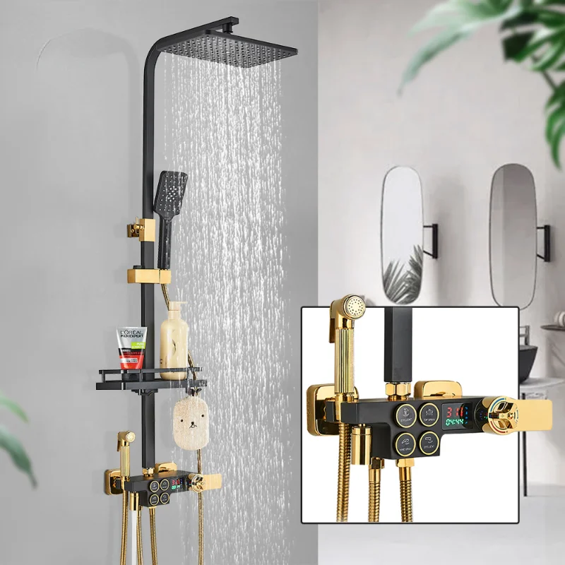 

Black Gold Bathroom Faucet Brass LCD Thermostatic Mixer Shower Set with Bidet and Bathtub Spout Tap Wall Mount Rainfall System