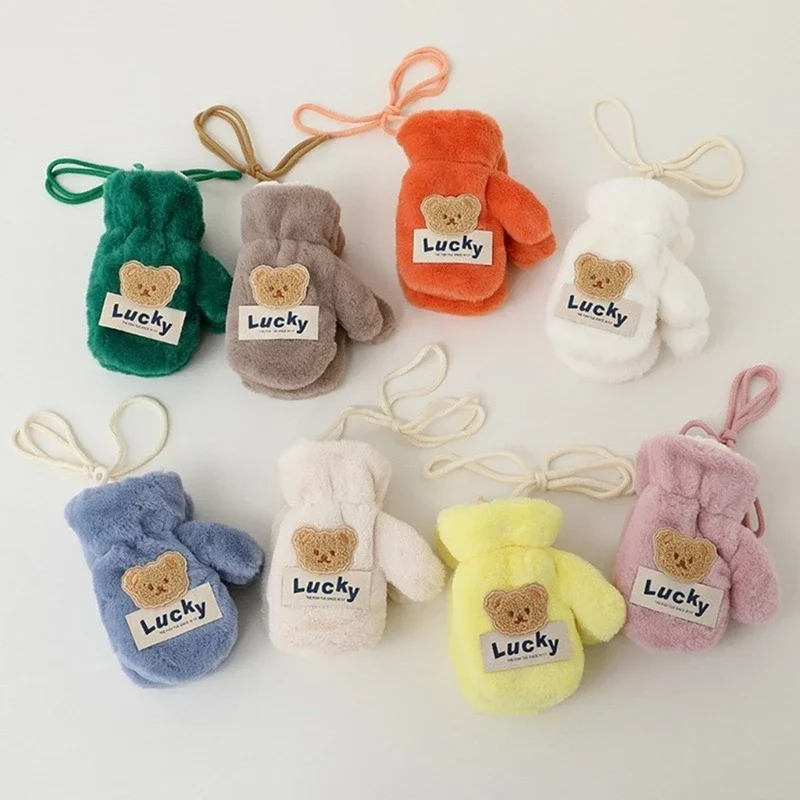 

Warm Winter Mittens Bear Gloves Soft Plush Gloves Thicken Full Finger Gloves with Luck Letter for Kids 2-8 Years Gift