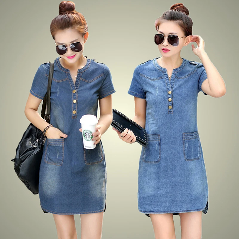 5XL Summer Style Denim Dresses Women V-Neck Short Sleeve Slim Jeans Dress With Pockets Vestidos Women Clothing
5XL Summer Style Denim Dresses Women V-Neck Short Sleeve Slim Jeans Dress With Pockets Vestidos Women Clothing