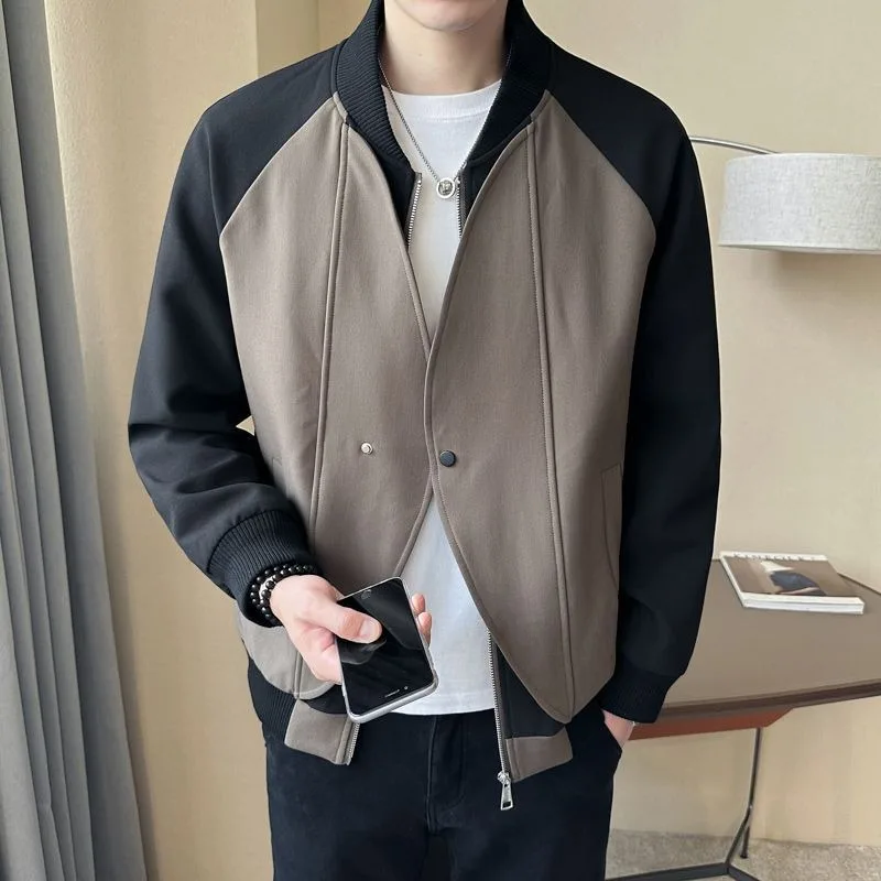 

2024 New Spring Autumn Casual Overcoat Fake Two Piece Baseball Neck Jackets Men's Korean Style Fashionable Spliced Contrast Coat