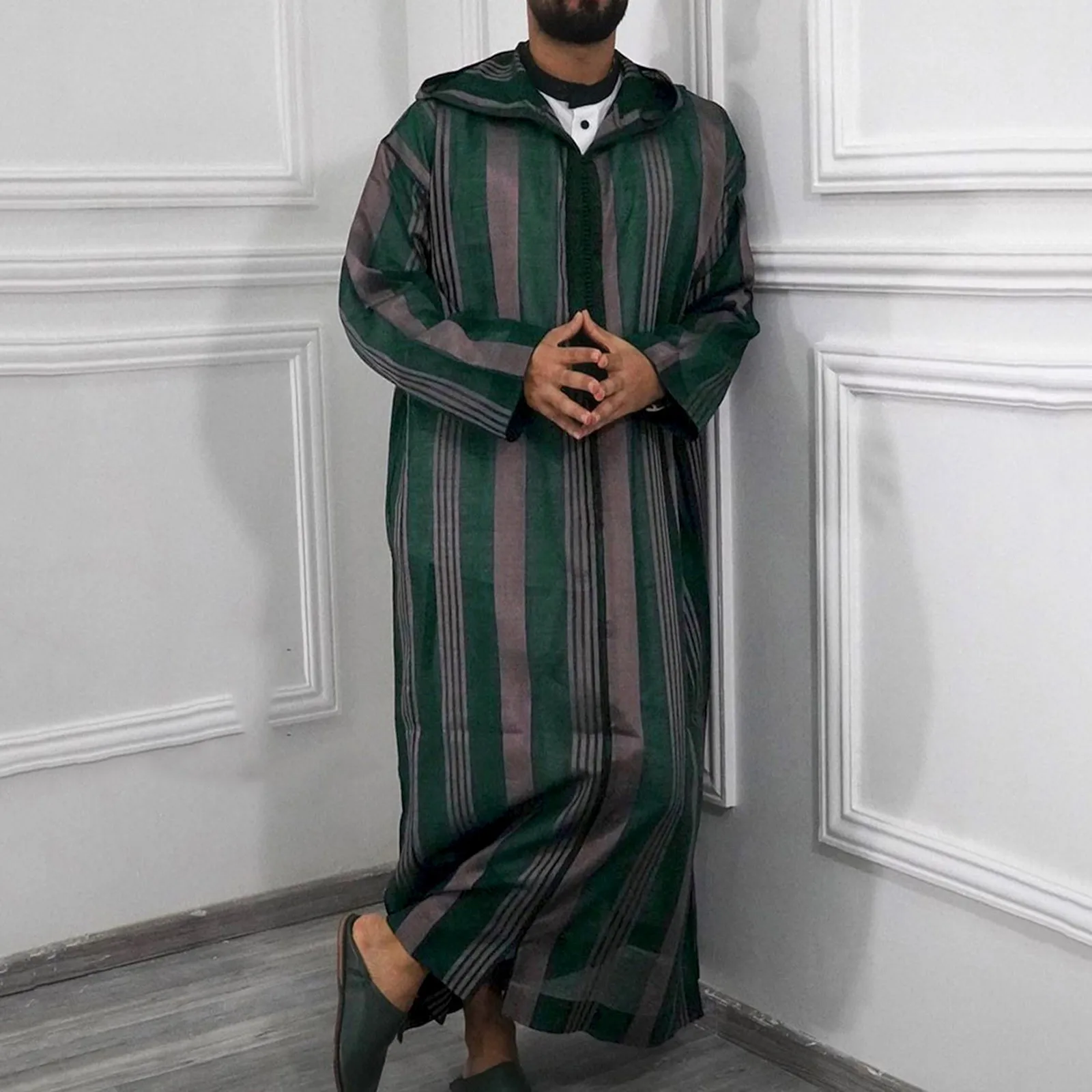 

Мужской полосатый мусульманский Халат с капюшоном, повседневный длинный халат с полумолнией и длинным рукавом, джубба Тобе, Саудовская Аравия, исламский кафтан, Арабский Дубай, длинные халаты