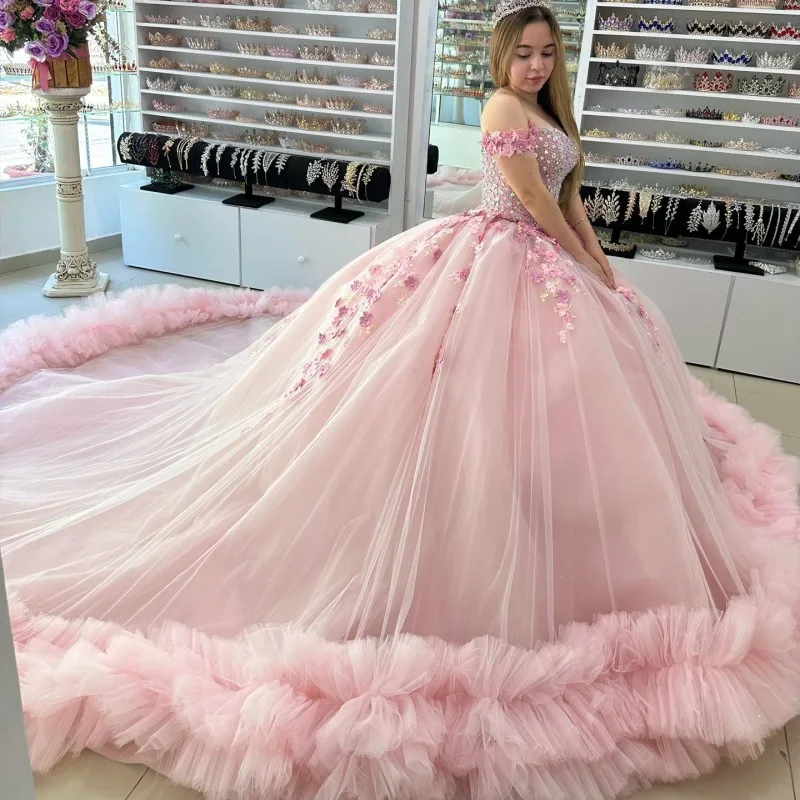 

ANGELSBRIDEP Light Pink Quinceanera Dresses Sweetheart Ruffles Crystal Tule Sweet 16 Dress Court Train vestidos de 15 años