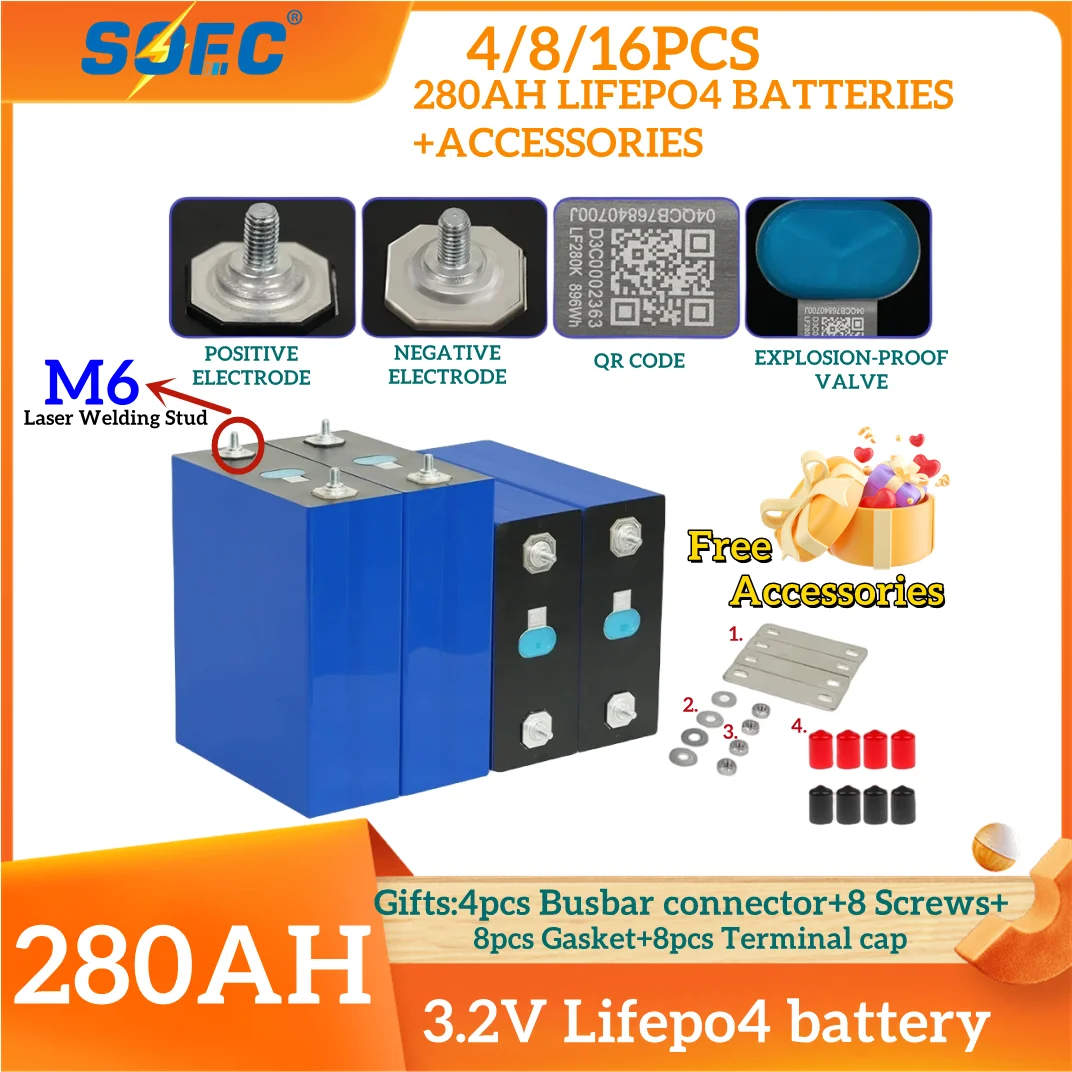 SOEC 280Ah Batterie LiFePO4 16pcs Battery Grade A 3.2V Lithium iron Phosphate Cell for RV EV Boat Golf Cart Home Energy Storage
SOEC 280Ah Batterie LiFePO4 16pcs Battery Grade A 3.2V Lithium iron Phosphate Cell for RV EV Boat Golf Cart Home Energy Storage